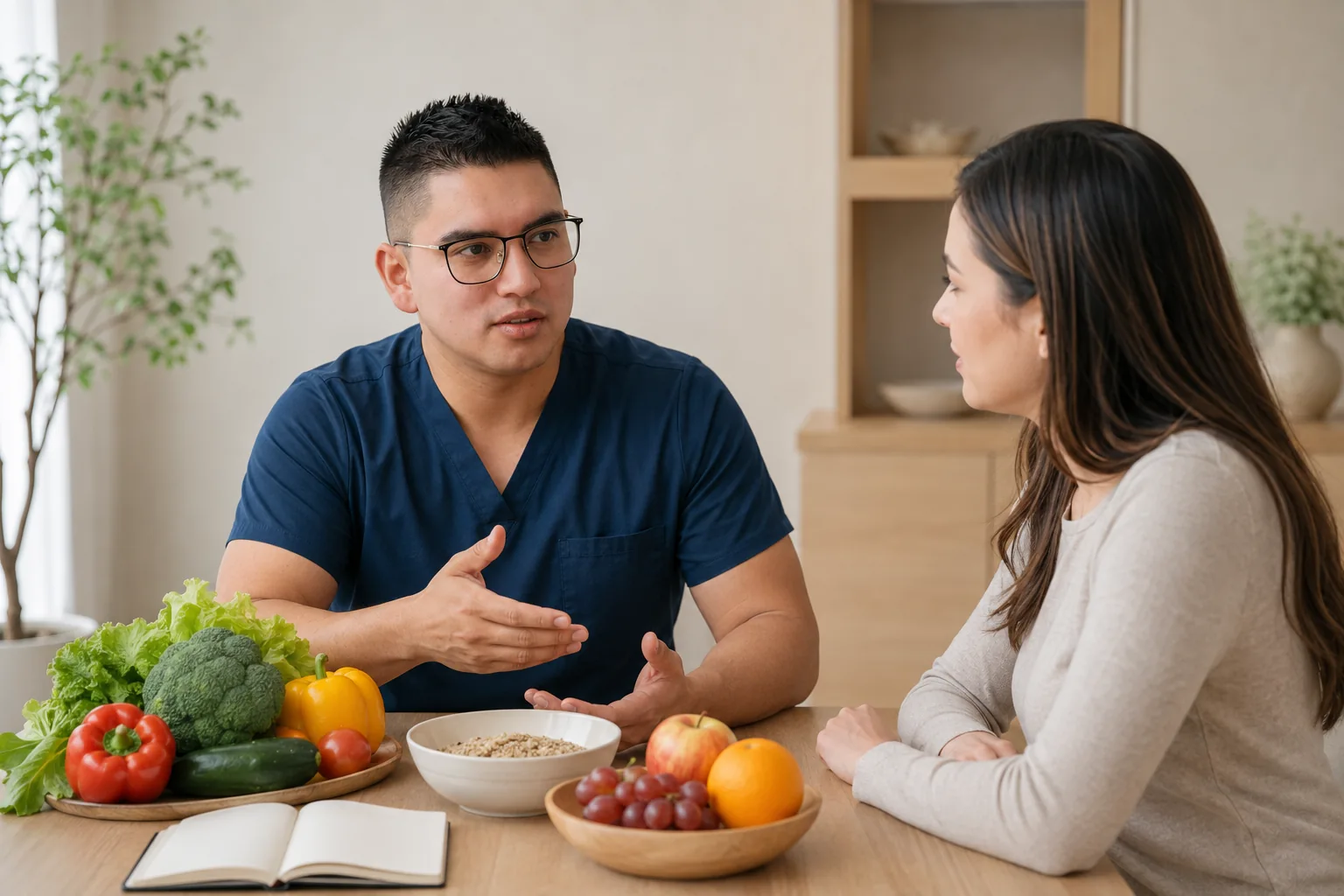 Escena generada con IA: el profesional de QuiroFit conversa sobre hábitos de alimentación